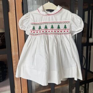 Vintage House of Hatten smocked dress Christmas trees bow toddler girl hearts